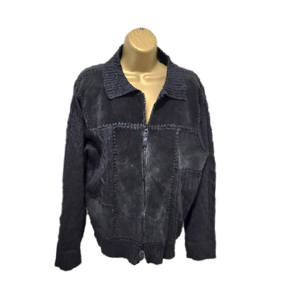Vtg Suede Leather Sweater Jacket Womens L Black Patchwork Retro 80s Boho Hippie - Picture 7 of 7